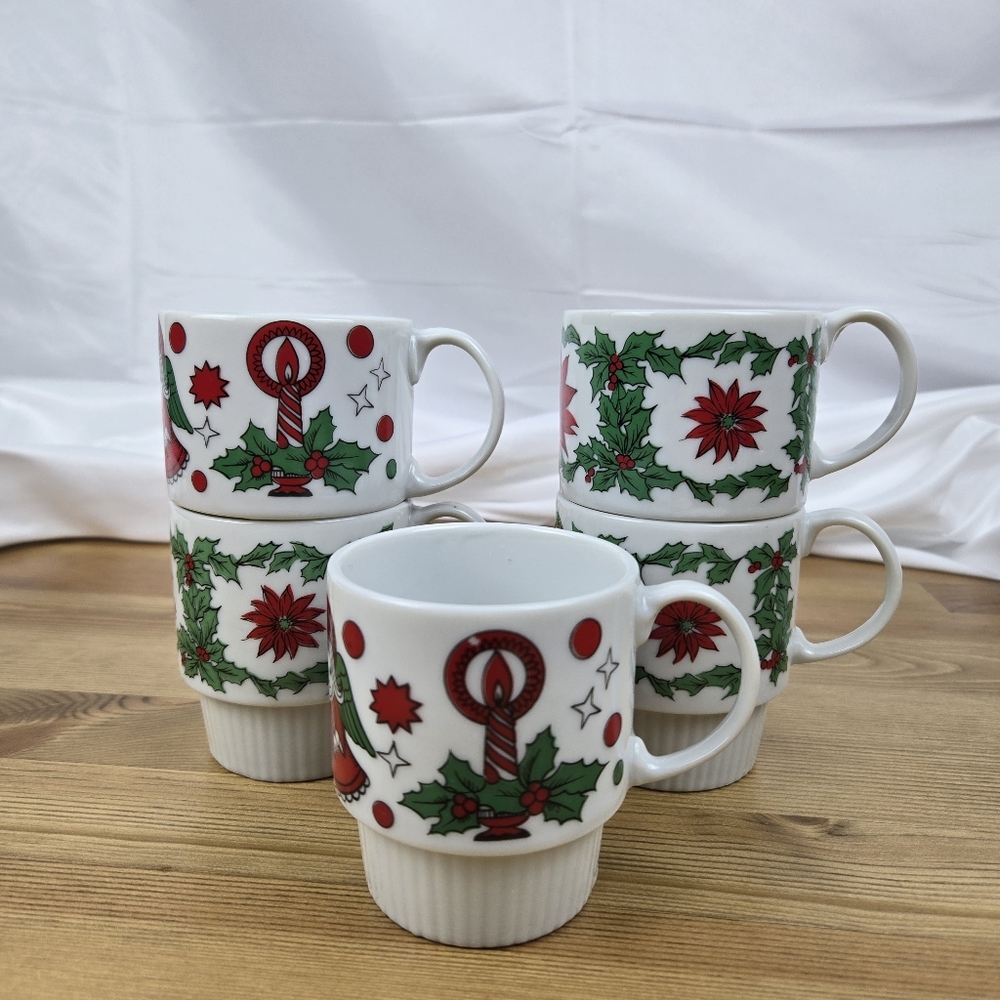 Vintage 1970s Trimont Ware Japan Stacking Mugs Cups Christmas Holiday Set of 5